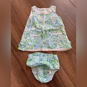 Lilly Pulitzer baby shift dress with bloomers in Hydra Blue Dandy Lions print.